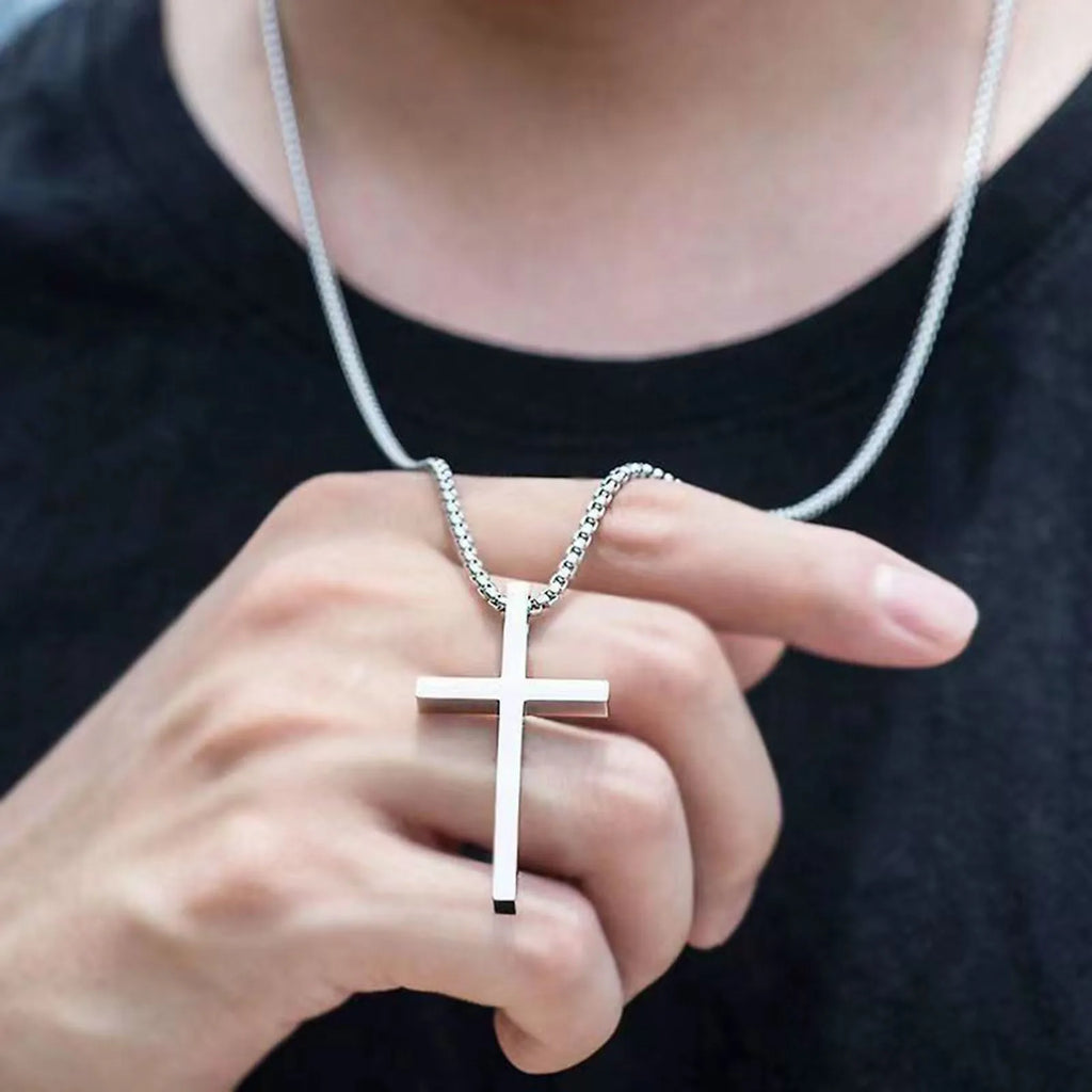 Cross Necklace for Men Women, Silver Color Plain Cross Pendant Collar with Stainless Steel Box Chain
